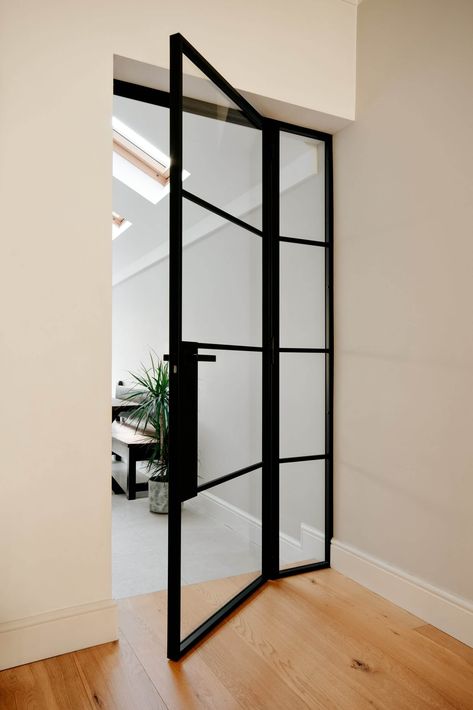 Bifold Crittal Doors Internal, Black Industrial Doors Interior, Single Office Door, Black Window Door Interior, Black Window Door, Inside Glass Doors Ideas, Single Crittal Doors, Crittal Doors Kitchen, Black Frame Interior Doors