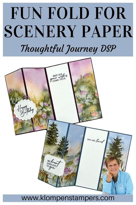 Transform your favorite scenery paper into stunning cards with this easy layout. Use Thoughtful Journey DSP and Unbound Love Bundle for beautiful, versatile results. #CardMakingTips #SceneryPaper #StampinUpProjects Stampin Up Cards Using Designer Series Paper, Thoughtful Journey Su Cards, Su Meandering Meadows Cards, Su Thoughtful Journey Dsp, Stampin Up Fancy Fold Cards Tutorials, Stampin Up Thoughtful Wishes, Stampin Up Thoughtful Journey Dsp, Thoughtful Journey Dsp Stampin Up Cards, Thoughtful Wishes Stampin Up Cards