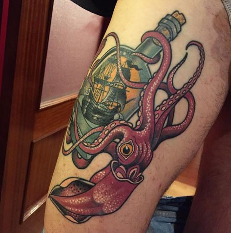 Created by Rodrigo Kalaka Traditional Tattoo Octopus, Neo Traditional Tattoos, Octopus Tattoo Sleeve, Kraken Tattoo, Squid Tattoo, Tattoos Traditional, Sailor Tattoos, Ship In A Bottle, Pirate Tattoo