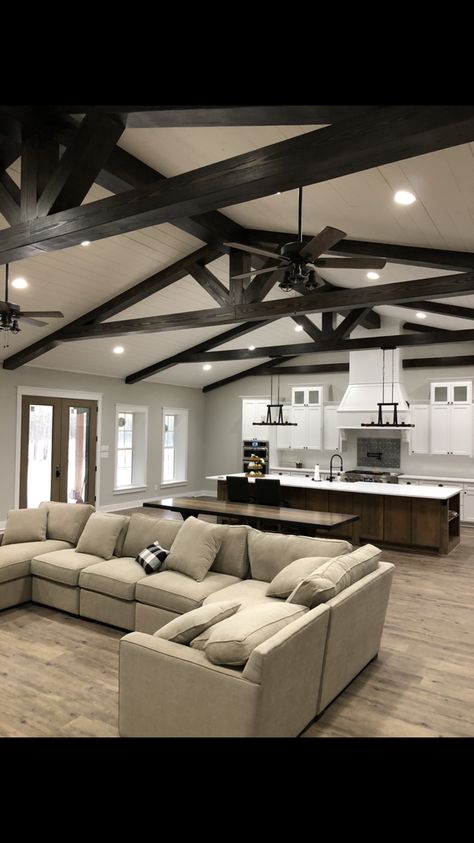 Build A Barndominium On A Budget, Open Beams Ceiling, Simple Barndominium Kitchen Ideas, Beam Ideas, Barndo Ideas, Barndominium Interior, Metal Building House Plans, Barn House Interior, 2023 Ideas