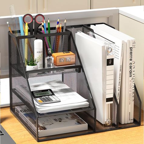 PRICES MAY VARY. 【Desk Organizer】Our mesh file shelf has 2 sliding trays + 2 magazine racks + 2 hanging pen holders + 1 pull-out drawer. Humanized office storage design, perfect summary and classification of all office equipment, creating the best environment for your work or study. 【Save Space on Your Desktop】The desk organizer and 3 tier storage are ideal for your office. It features magazine racks, drawer organizers and hanging pen holders to maximize desk storage and usable space. 【Grid-like Office Space Organization Ideas, Desk Organization Inspiration, New Office Decor At Work, Desk Top Organizer Ideas, Office Desk Setup At Work, Office Organizer Ideas, Organizing Ideas For Office, Desk Shelf Organization, Organization For Desk