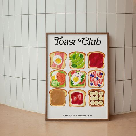 ★ The Toast Club: Brunch Toast Breakfast Art Print You can instantly download this artwork and print it at home or your local print shop, it fits more than 30 frame sizes.  INSTANT DIGITAL DOWNLOAD  No physical product will be shipped. You'll be able to download your hi-resolution files after placing an order.  ➜ WHAT YOU'LL GET  Your purchase includes 2 high-resolution 300-dpi JPG files. Each size represents another paper ratio so that these files can fit over 20 different frames.   Size Ratios Toast Art Illustration, Breakfast Poster Design, Illustration Breakfast, Brunch Poster, Brunch Toast, Breakfast Illustration, Breakfast Poster, Toast Art, Nyc Kitchen