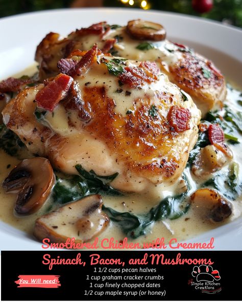 Looking for a comforting and creamy dinner recipe? Look no further than this delicious Smothered Chicken with Creamed Spinach, Bacon, and Mushrooms. This dish features juicy chicken breasts smothered in a rich and creamy sauce made with sautéed spinach, crispy bacon, and earthy mushrooms. Perfect for a cozy night in or a special family meal, this recipe is sure to become a new favorite. #creamychicken #comfortfood #dinnerideas Smothered Creamed Spinach Chicken Recipe, Smothered Chicken With Creamed Spinach, Chicken With Creamed Spinach, Smothered Chicken, Chickpea Stew, Parmesan Pasta, Broccoli Cheddar Soup, Sauteed Spinach, Creamy Spinach