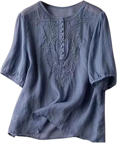 Summer Tops for Women 2024 Dressy Casual Linen Embroidery Blouse Crew Neck Tunic Elbow Sleeve Shirts Plus Size Tops at Amazon Women’s Clothing store Cheap Casual Linen Blouse, Tea Clothes, Straight Clothes, Half Shirts, Linen Tee, Round Neck Shirt, Linen Tshirts, Womens Tops Summer, Embroidery Fashion