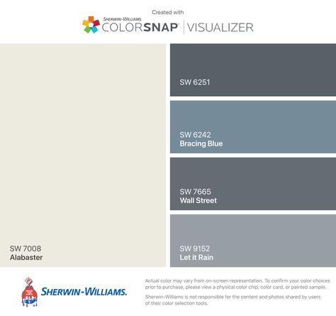 I found these colors with ColorSnap® Visualizer for iPhone by Sherwin-Williams: Alabaster (SW 7008), Outerspace (SW 6251), Bracing Blue (SW 6242), Wall Street (SW 7665), Let it Rain (SW 9152). Bracing Blue, Sherwin Williams Blue, Sherwin Williams Alabaster, Palette Wall, Blue Accent Walls, Accent Wall Colors, Pig House, Sherwin Williams Colors, Accent Walls In Living Room