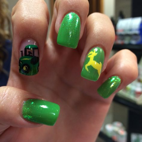 John Deere!!! Tractor Nails, Truck Nails Designs, Hunting Nail Ideas, Monster Truck Nail Designs, John Deere Nails, Hunting Nail Designs, Farm Nails Designs, Country Girl Nails, John Deere Decor