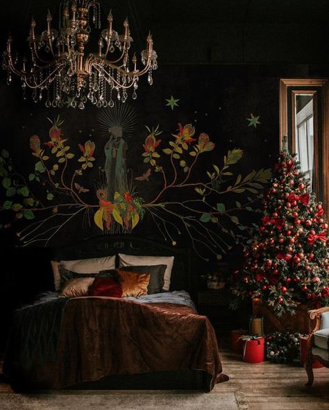 Fine & Dandy Co. on Instagram: "Merry Christmas Dears! May you be bathed in joy, laughter, sparkling lights and your beverage of choice all day long. Wallcovering: OPHELIA Mural In collaboration with collage Artist: @laadyloraine Photographer: @Alsyvert . . . #fanddoriginal #fineanddandyco #fineanddandy #fineanddandywallpaper #originalart #magicalinteriors #floralwallpaper #moodyinteriors #mural #dreamy #flowers #collage #worldofinteriors #forgetmenot #collageart #commercialgrade #commercialdes Moody Winter Wallpaper, Moody Forest Wallpaper, Moody Mural, Moody Mural Wallpaper, Night Forest Mural Bedroom, Dark Floral Wall Mural, Dreamy Interior, Kitchen Mural, Christmas Dear