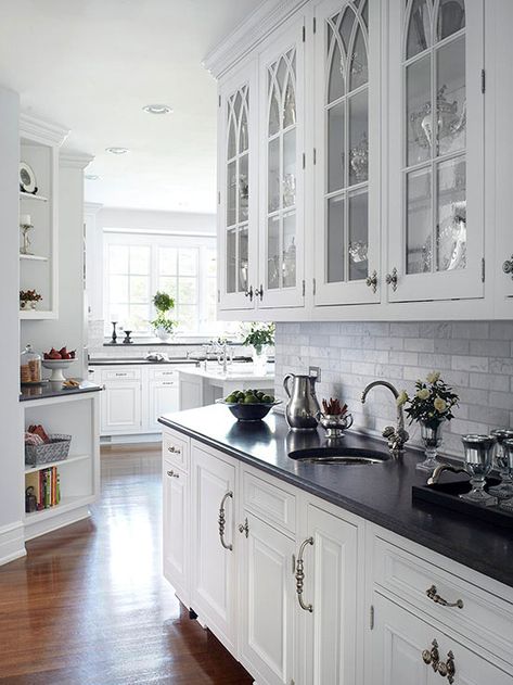 After: Passing Through Backsplash Herringbone, Kitchen Countertop Options, Countertops White, Contemporary Staircase, Dark Countertops, Soapstone Countertops, Kitchen Countertop Materials, Herringbone Backsplash, Stone Kitchen