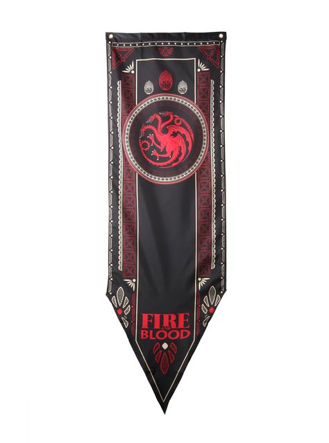 <p>Show them who’s a winner in this game of thrones by carrying this tournament banner with pride. This authentic wall banner says “Fire And Blood” and features two aluminum grommets.</p> <ul> <li>100% polyester</li> <li>18” x 60”</li> <li>Imported</li> </ul> Game Of Thrones Flags, Fire And Ice Game, Game Of Thrones Targaryen, Game Of Thrones Merchandise, Flag Maker, Flag Game, Game Of Thrones Artwork, Fire And Blood, Wall Banner