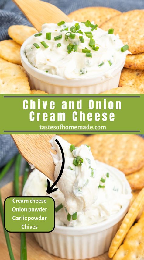 Onion chive cream cheese spread comes together in five minutes with just four ingredients.  Use this flavorful spread on crackers or bagels, or serve with fresh veggies such as carrots or celery sticks.  This cream cheese is much better than store-bought and made with fresh garden chives.  Made with regular spreadable cream cheese, fresh chives, and onion and garlic powder.  This quick and easy spread comes together in less than five minutes and keeps for about two weeks. Garlic And Chive Cream Cheese, Cream Cheese Chive Dip, Homemade Chive And Onion Cream Cheese, Cream Cheese And Chives Dip, Onion Chive Cream Cheese Recipes, Homemade Flavored Cream Cheese, Chive Cream Cheese Recipes, Onion And Chive Cream Cheese, Herb Cream Cheese Spread