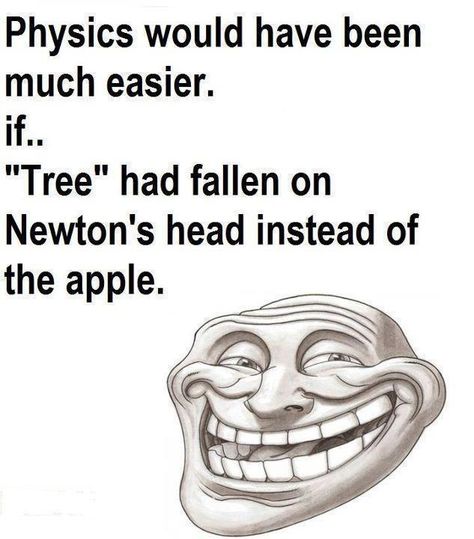 Physics would have been much easier if "Tree" had fallen on Newton's head instead of the apple. Physics Jokes, Physics Humor, Pinterest Humor, Science Jokes, Pictures Of The Week, Flirting Quotes, Funny Photos, Funny Images, Funny Jokes