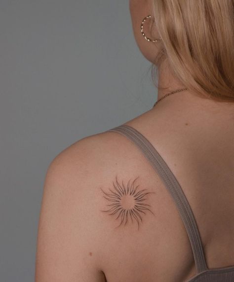 Sun Tattoo Ideas: 30+ Examples, Meaning & Top Designs - 100 Tattoos Sunshine On My Shoulders Tattoo, Beautiful Sun Tattoo, Sun Tattoo Shoulder For Women, Sun Tattoo On Thigh, Sun Inspired Tattoo, Sun Tattoo Neck, Watercolor Sun Tattoo, Sun Neck Tattoo, Tatoos Sun