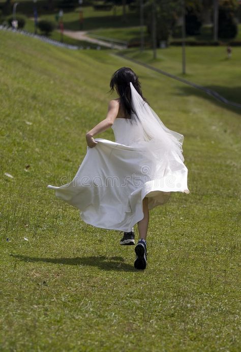 Runaway Bride 2. A woman in a wedding dress runs away in training shoes , #Sponsored, #woman, #Runaway, #Bride, #wedding, #training #ad Running In A Ballgown, Running In Dress Reference, Runaway Bride Photoshoot, Drawing Reference Action, Runaway Bride Aesthetic, Running In Dress, Running Drawing Reference, Running Bride, Run Pose