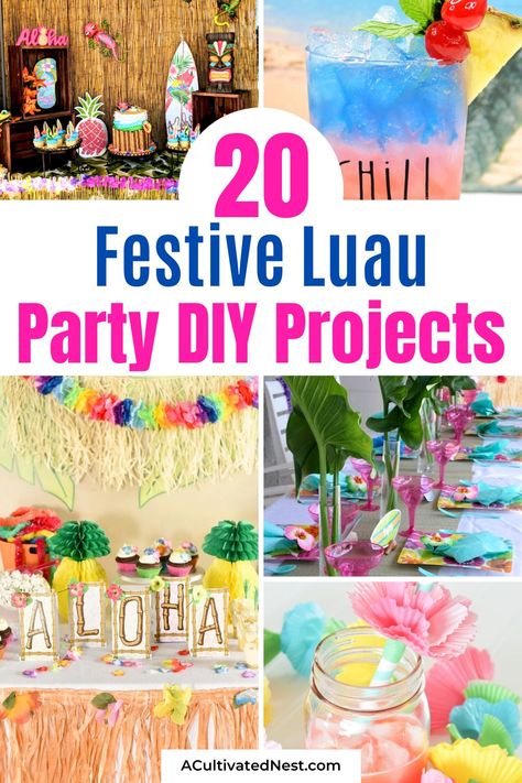 20 Fun Luau Party DIYs- Bring the Aloha spirit to your next party with these fun luau party DIY ideas! Create beautifully themed decorations, unique invitations, and delicious island-inspired foods. Perfect for any summer party, these DIYs will make your luau unforgettable! | #PartyDIY #LuauParty #summerParty #summerCrafts #ACultivatedNest Tropical Decorations Party, Luau Diy Decorations, Tiki Bar Ideas For Party, Island Theme Party Decorations, Diy Hawaiian Party Decorations, Luau Party Ideas Decorations, Diy Luau Decorations, Diy Tiki Decorations, Diy Luau Party Decorations