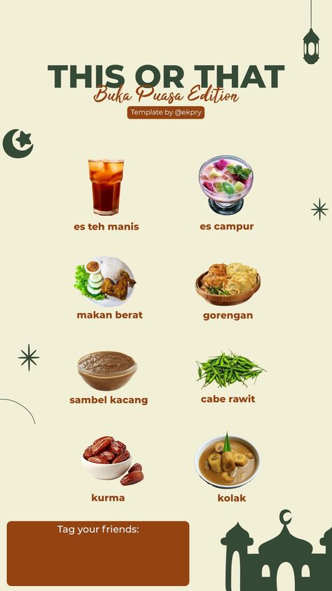 Save templatenya dan main di ig story kamu lebih pilih mana untuk menu buka puasa kamu. Tag teman kamu untuk ikutan dan share! Menu Buka Puasa, Buka Puasa, Ig Story, Quick Saves