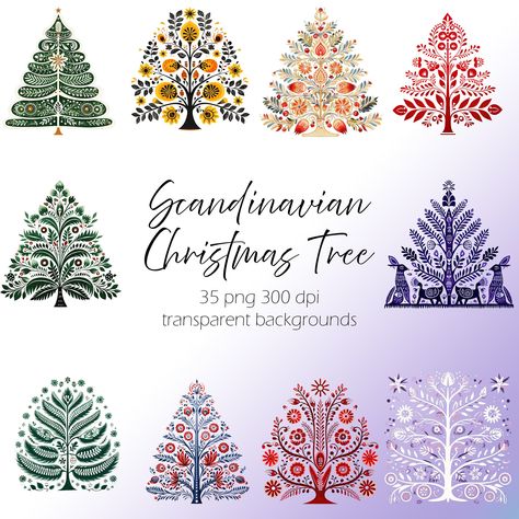 Scandinavian Folk Art Christmas, Folk Art Christmas Tree, Scandinavian Christmas Trees, Folk Art Christmas, Snowflake Clipart, Art Christmas Tree, Christmas Tree Clipart, Nordic Print, Tree Clipart