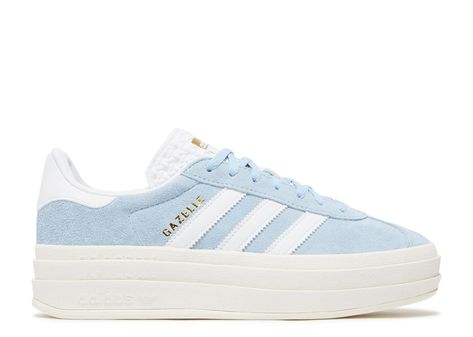 Wmns Gazelle Bold 'Clear Sky' - Adidas - ID6991 - clear sky/cloud white/gold metallic | Flight Club Pretty Sneakers, Gazelle Bold, Shoes For School, Crop Top Shorts, Bold Shoes, Back To School Shoes, Trendy Shoes Sneakers, Preppy Shoes, Pretty Shoes Sneakers