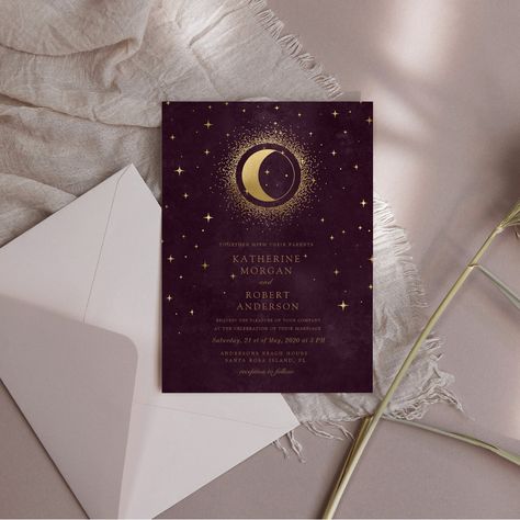 Celestial Burgundy Gold Moon And Stars Wedding Invitation Sky Wedding, Stars Wedding, Stars Wedding Invitations, Moon Gold, Moon Wedding, Budget Wedding Invitations, Spanish Wedding, Foil Wedding Invitations, Stars Moon