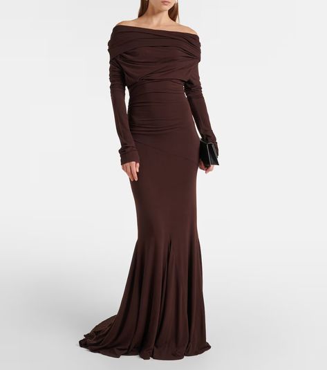 Bound off-shoulder gown in brown - Entire Studios | Mytheresa Brown Gown, Entire Studios, Off Shoulder Gown, Designer Shopping, Bind Off, Fashion Deals, High End Fashion, Fashion Designer, Knit Dress