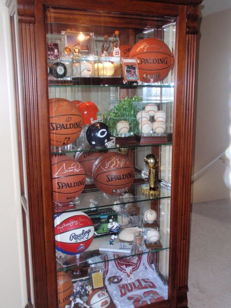 If your stress level is exacerbating,try to play a sports. Sports Memorabilia Room, Sports Memorabilia Display, Sports Display, Sports Man Cave, Memorabilia Display, Trophy Display, Home Decor Men, Trophy Case, Baseball Room