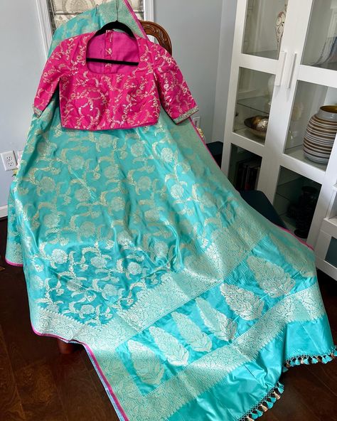 Sold Banaras Katan Silk Saree paired with pure Banaras silk contrast blouse with handwork on hands border. This trendy blouse in pink contrast with teal blue Banaras saree is certainly a beautiful pairing! Available to ship immediately within USA Please DM to order #banaras #banarasi #saree #sareelove #fashion #instafashion #swaraexclusivebyswathi #sarees Sky Blue Saree, Banaras Sarees, Pink Contrast, Katan Silk Saree, Trendy Blouse, Blue Saree, Trendy Blouses, Katan Silk, Contrast Blouse