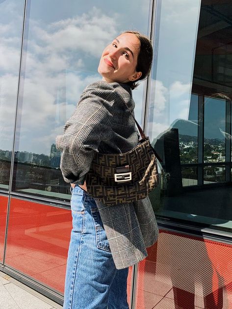 I Wore 100% Vintage Outfits for a Week, and It Weirdly Made Me Happier Fendi Zucca Bag Outfit, Fendi Mama Baguette Outfit, Fendi Baguette Outfit, Fendi Bag Outfit, Vintage Bag Outfit, Fendi Mama Baguette, Fendi Zucca Bag, Jeans Blazer Outfit, Vintage Outfits Winter