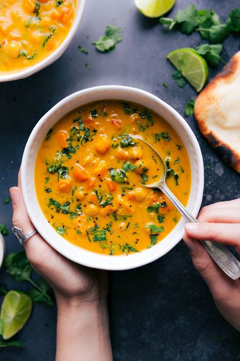 Sweet Potato Coconut Curry Soup (With Chickpeas!) Soup Recipes Coconut Milk, Best Sweet Potato Recipe, Recipes Coconut Milk, Potato Coconut Curry, Sweet Potato Coconut Curry, Potato Soup Recipes, Soup With Chickpeas, Good Sweet Potato Recipe, Sweet Potato Soup Recipes