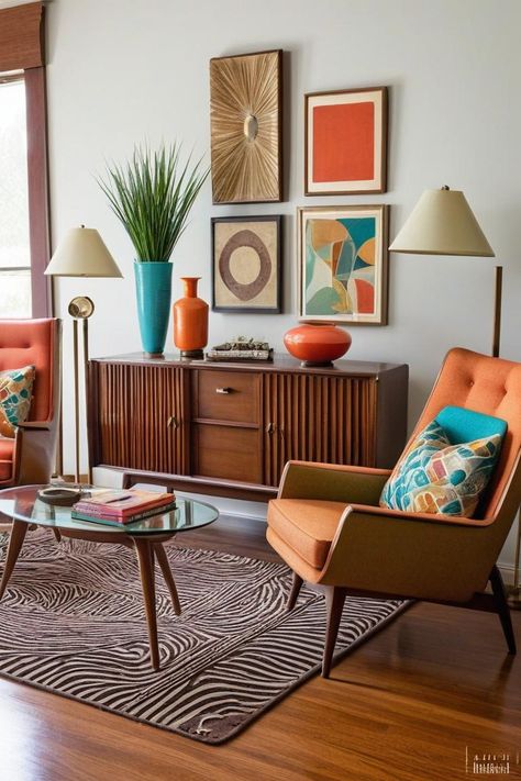 Step back in time with a mid-century modern living room. Iconic furniture pieces, bold patterns, and a mix of vibrant and muted colors define this retro-inspired space. The design is both stylish and functional, perfect for lovers of vintage flair. #MidCenturyModern #RetroDesign #VintageVibes #IconicFurniture #TimelessStyle Mcm Living Room, Mcm Living, Vintage Home Office, Living Room Orange, Classic Lighting, Living Room Color Schemes, Mid Century Modern Living Room, Mid Century Modern Interiors, Eclectic Living Room