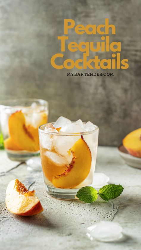 Peach Tequila Cocktails Peach Tequila Cocktail, Tequila Cocktails Summer, Tequila Mixed Drinks, Refreshing Recipes, Peach Cocktail, Peach Drinks, Fun Drinks Alcohol, Peach Syrup, Cocktail Syrups