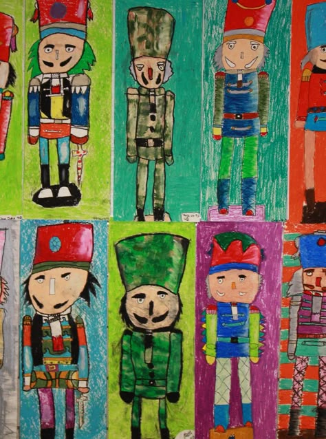 I showed my 4th graders how to draw the simple shapes that make up the nutcrackers. Then I asked them to decorate the nutcrackers they drew... Holiday Art Projects, Winter Art Lesson, Christmas Art Projects, Mouse King, Winter Art Projects, 4th Grade Art, 5th Grade Art, 3rd Grade Art, Elementary Art Projects