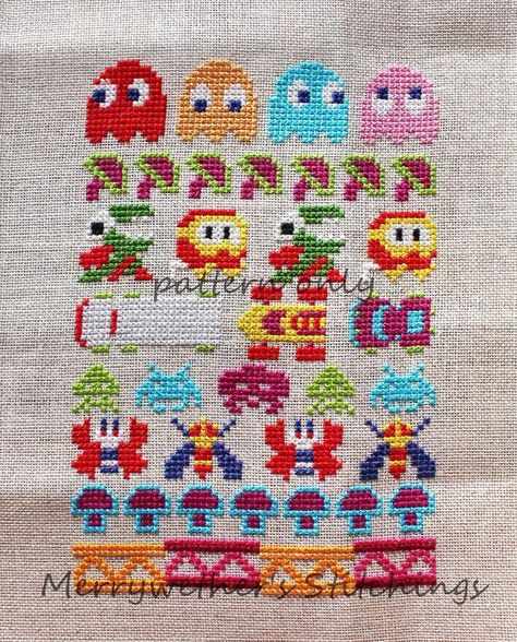 $4.50 pdf digital download at www.craftsy.com (10) Name: 'Embroidery : Arcade Cross Stitch Sampler Game Cross Stitch, Cross Stitch Sampler Patterns, Stitch Witchery, Nerd Crafts, Cross Stitch Love, Stitch Ideas, Cute Cross Stitch, Cross Stitch Samplers, Game Characters