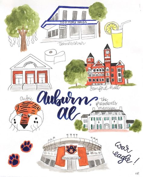 Auburn Ideas, Auburn Football, Collage Board, Paper Banners, 11x14 Print, Auburn University, Paint Party, Print Gifts, Watercolor Print