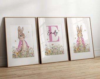 Baby Name Wall Print | Watercolor Peter Rabbit | Girl Nursery Prints Set of 3 | Pink Flowers Print | Personalised Baby Decor | Flopsy Bunny #watercolor #peterrabbit #print #name #baby #nursery Peter Rabbit Nursery Girl, Beatrix Potter Nursery, Flopsy Bunny, Peter Rabbit Nursery, Rabbit Girl, Bunny Watercolor, Prints Set Of 3, Nursery Inspo, Flowers Print