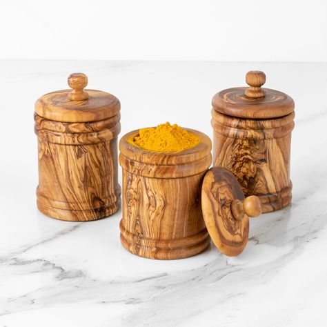 🍃 Keep spices organized with our Handmade Olive Wood Spice Jars Set. Handmade from beautiful olive wood, this set includes three spice boxes with lift-off lids for easy storage. Each piece shows off the unique grain of olive wood, making it a special item for your kitchen. 🎁 Comes with free wood wax to help protect and maintain the wood's natural look. This set is perfect for anyone who loves cooking and appreciates a clean, organized kitchen space.  Our olive wood spice jars are durable and d Wood Canisters, Spice Jar Set, Organized Kitchen, Spice Box, Wood Wax, Spice Jar, Spice Organization, Organic Wood, Newlywed Gifts