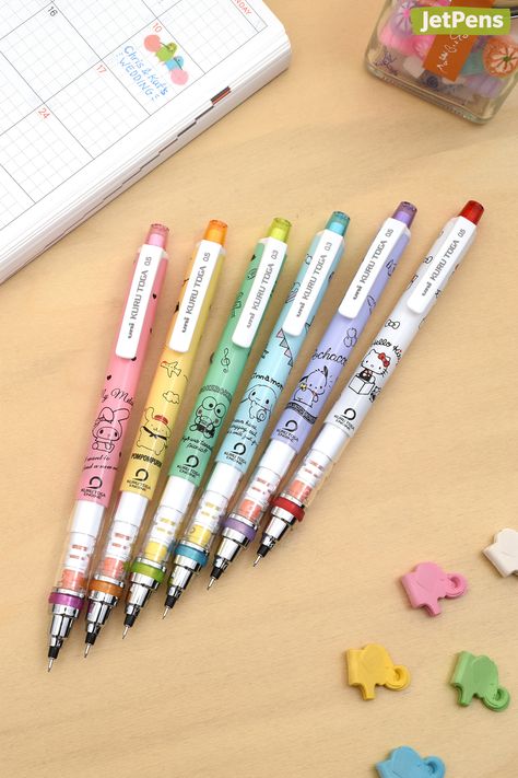 The Uni Kuru Toga uses an ingenious lead rotation mechanism that continually rotates the pencil lead as you write! Now available in these cute limited editions designs featuring your favorite characters like Hello Kitty, Pochacco, and Keroppi. Stationery Store Design, Hello Kitty Pochacco, Pretty School Supplies, Stationery Obsession, Kawaii Planner, Pencil Lead, School Pencil Case, Cute School Stationary, Kawaii School Supplies