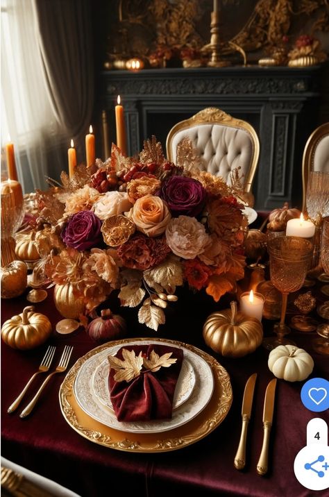 Crystal Table Setting, Burgundy Fall Decor, Fall Table Setting Ideas, Fall Table Decor Ideas, Autumn Tablescapes, Fall Dining Table Decor, Burgundy Color Scheme, Velvet Tablecloth, Thanksgiving Tables