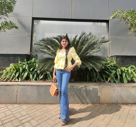 Pale Yellow is such a happy colour. This casual Summer outfit looks stylish and cute. I wore this peplum top with wide bottom jeans.  #peplumtop #summerootd #ootd #summers #widebottomjeans Peplum Top Outfits Casual, Wide Bottom Jeans, Peplum Top Outfits, Outfit Looks, Summer Ootd, Bottom Jeans, Ootd Summer, Casual Summer Outfit, Wide Pants