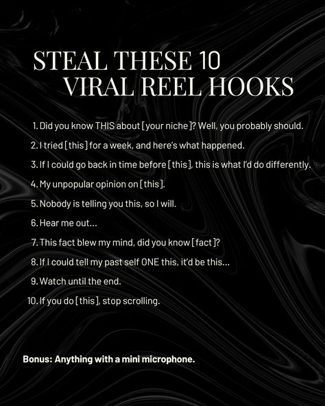 Steal my top 10 viral reel and tiktok hooks for more views and engagement on your videos! Use these for your next video and see the views increase. You're welcome ;) Tiktok Hooks, Video Hacks, Social Media Content Creator, Marketing Audit, Video Reels, Did You Know Facts, Marketing Blog, Unpopular Opinion, Social Media Video