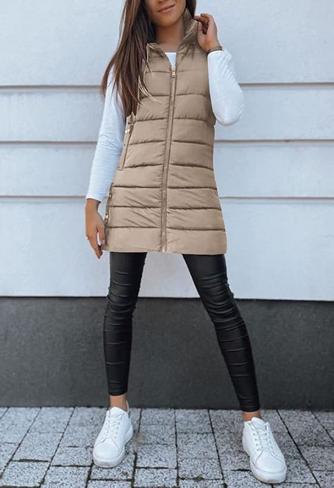 Veatzaer Women Long Vest Solid Color Sleeveless Hood Winter Puffer Vest Outwear Taupe Puffer Vest Outfit, Long Vest Puffer, Women’s Outfits Winter, Beige Puffer Vest Outfit, Long Vest Outfit, Athleisure Outfits Fall, Fashion Layering, Long Sleeveless Vest, Puffer Vest Outfit