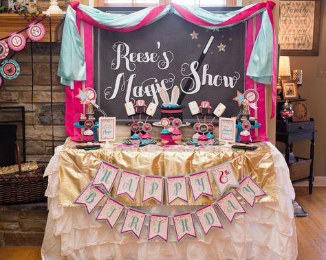 Magic Birthday Party Backdrop.  Digital file, PDF.  Magic Show / chalkboard.  Customizable. Magic Decorations, Magician Party, Party Decorations Pink, Magic Birthday Party, Husband 40th Birthday, Birthday Magic, Magic Birthday, Magic Theme, Pink Magic