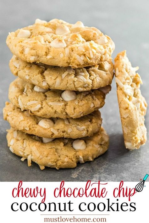 Cookies Recipes With White Chocolate Chips, White Chocolate Coconut Cookies, Chocolate Chip Coconut Cookies Recipes, Cookies Using White Chocolate Chips, Coconut White Chocolate Chip Cookies, Coconut Cookie Recipe, White Choc Chip Cookies, White Chocolate Chips Recipes, Work Desserts