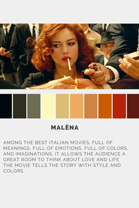 Directed by Giuseppe Tornatore. The director-writer, points a finger at the small-mindedness of insular communities, and makes an observation about the importance of tolerance: Malena's difference, her ravishing good looks and relative diffidence aren't deserving of the contempt of the townies, particularly the women. Malena Movie Aesthetic, Malena Movie, Giuseppe Tornatore, Color Template, Female Filmmaker, Parallel Lives, Monica Bellucci, Color Pallets, Cinematography