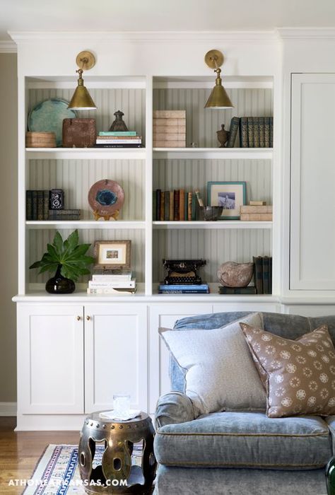 Heather Chadduck, Wallpaper Bookshelf, White Bookshelves, Bookcase Styling, Bookshelf Styling, Family Room Decorating, Spacious Kitchens, Book Case, Built In Shelves