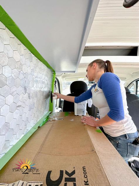 How to Install Tile in an RV: Step-by-Step Guide | RV Inspiration Rv Backsplash Ideas, Rv Interior Design, Mosaic Tile Backsplash, Smart Tiles, Tile Edge, Rv Renovations, Diy Tile, Trailer Remodel, Rv Interior