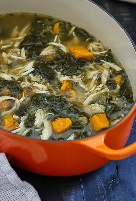 Chicken Sweet Potato and Kale Soup - Skinnytaste Potato And Kale Soup, Sweet Potato And Kale, Chicken Kale, Sweet Potato Kale, Hearty Soup, Kale Soup, Chicken Sweet Potato, Sweet Potato Soup, Skinny Taste Recipes