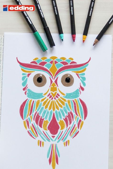 For this beautiful owl drawing, you can choose your colour scheme individually! Take the whole palette or use your favourite combinations and become an artist realising your colourful ideas. Share pictures of your art to inspire others and encourage them to express their creativity! Colour Schemes Drawing, Cool Colour Scheme Drawing, Tertiary Colors Drawing Ideas, Colour Pen Drawing Ideas, Tertiary Colours Art Ideas, Cool Color Drawings Ideas, Drawing Ideas Owl, Tertiary Colors Drawing, Sketch Pen Art Colour