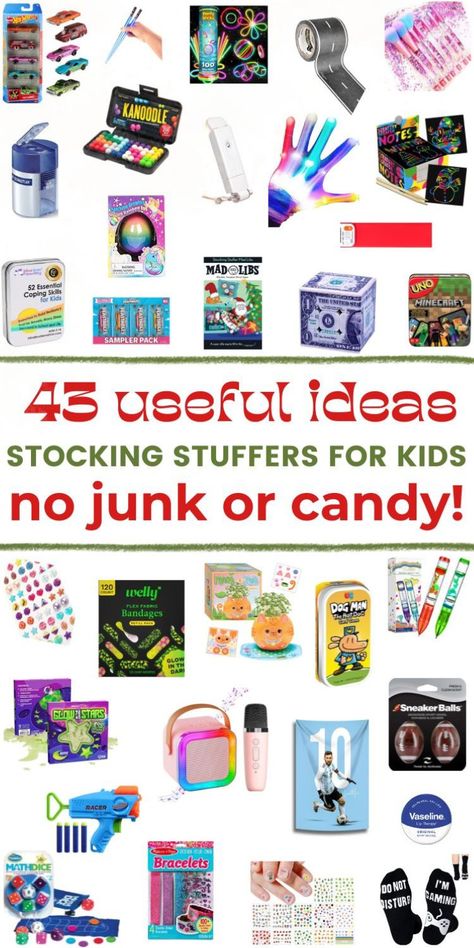 Searching for stocking stuffers for kids that are practical, fun, and inexpensive? This 2024 stocking stuffer list has easy and cheap stocking ideas for boys and girls aged 3-5 and 8-10. Find small, useful stocking stuffer ideas that make Christmas more meaningful without the junk or candy. These thoughtful stocking stuffers focus on being practical and fun while keeping your holiday budget in check. Perfect for parents looking for ideas that kids will actually use and love! Kindergarten Stocking Stuffers, Stocking Ideas For Kids, Stocking Stuffers For Boys 10-12, Stocking Stuffers For Kids 8-10, Stocking Stuffers For Boys 8-10, Dollar Tree Stocking Stuffers, Kids Stocking Stuffer Ideas, Stocking Stuffer Ideas For Kids, Top Stocking Stuffers