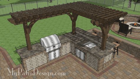 Outdoor Kitchen with Pergola Design B48-160121-HC | MyPatioDesign.com Pergola Diy, Kitchen Plan, Outdoor Grill Station, Cedar Pergola, Outdoor Kitchen Bars, Outdoor Kitchen Plans, Patio Pergola, Grill Area, Outdoor Remodel