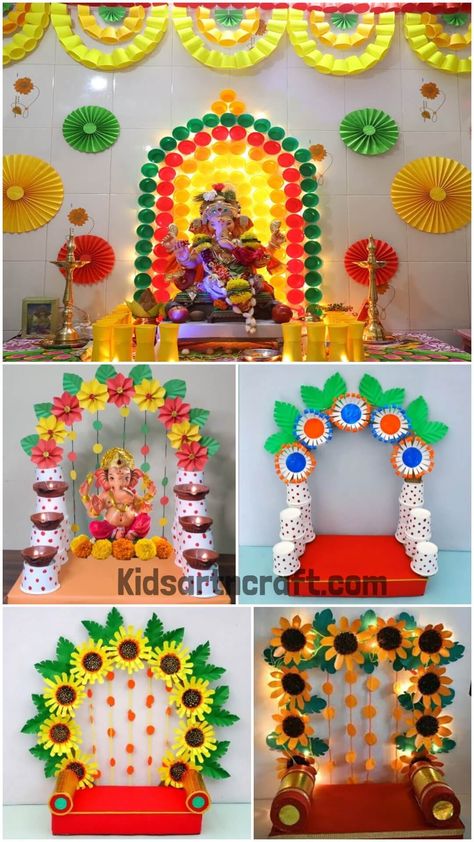 Paper Cup Decoration Ideas For Ganpati Check more at https://www.kidsartncraft.com/paper-cup-decoration-ideas-for-ganpati/ Paper Cup Decoration, Cup Decoration Ideas, Ganapathi Decoration, Tea Cup Decorations, Ganpati Decor, Preschool Letter Crafts, Vishwakarma Puja, Paper Tea Cups, Mandir Decoration