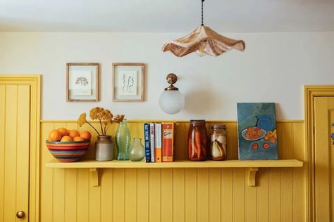 Living Space Ideas, Shelving Storage, Interior Design House, Yellow Kitchen, Space Ideas, Cottage Homes, Interior Inspo, Colour Block, House Inspo